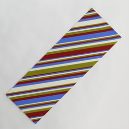 [ Thumbnail: Green, Maroon, Royal Blue, and Beige Colored Stripes/Lines Pattern Yoga Mat ]