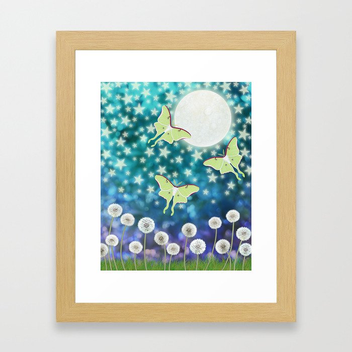 the moon, stars, luna moths, & dandelions Framed Art Print