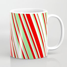 [ Thumbnail: Red, Green & White Colored Striped/Lined Pattern Coffee Mug ]
