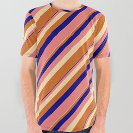 [ Thumbnail: Blue, Light Coral, Tan & Chocolate Colored Lined/Striped Pattern All Over Graphic Tee ]