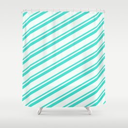 [ Thumbnail: Mint Cream and Turquoise Colored Lines Pattern Shower Curtain ]