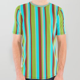 [ Thumbnail: Aqua, Brown, Green & Light Grey Colored Striped Pattern All Over Graphic Tee ]