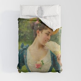(Reserved)Young woman with a basket of roses Victorian era still life portrait painting by F. Andreotti for bedroom, wall, and home decor Duvet Cover