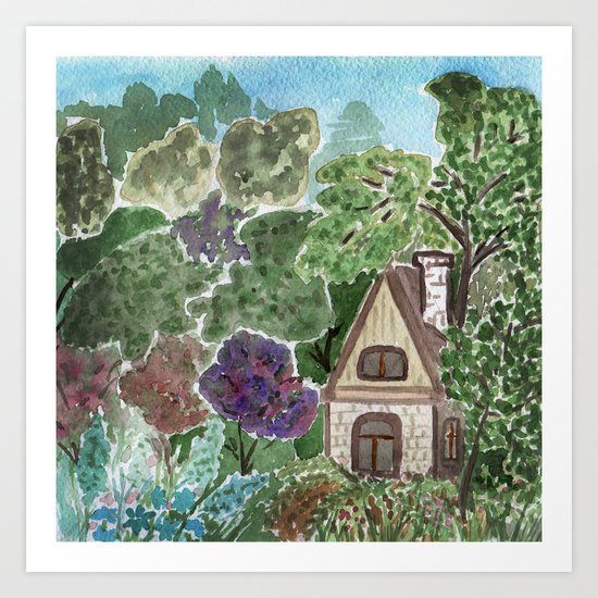 House in the garden . watercolor . Art Print