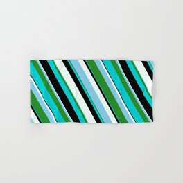 [ Thumbnail: Eye-catching Mint Cream, Sky Blue, Forest Green, Dark Turquoise & Black Colored Pattern of Stripes Hand & Bath Towel ]