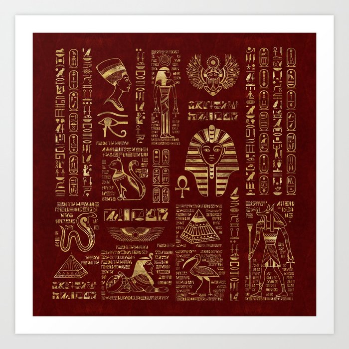 Egyptian Hieroglyphs And Symbols Gold On Red Leather Art Print By K9printart Society6 If you're looking for the best egyptian hieroglyphics wallpaper then wallpapertag is the place to be. egyptian hieroglyphs and symbols gold on red leather art print by k9printart