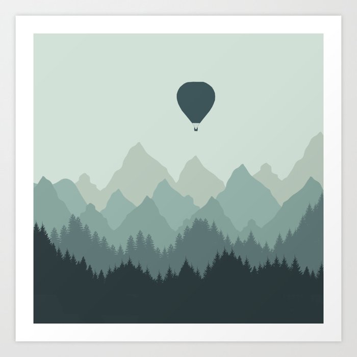 Hot Air Balloon flies over the Mountains Art Print