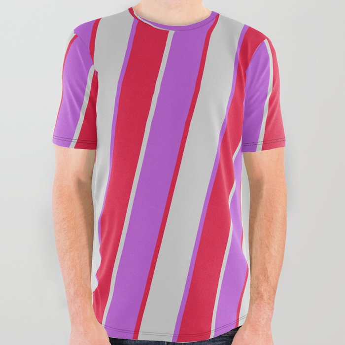 Orchid, Crimson, and Light Grey Colored Stripes/Lines Pattern All Over Graphic Tee