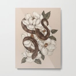 Snake and Magnolias Metal Print | Flowers, Other, Curated, Illustration, Snake, Magnolia, Floral, Nature, Watermoccasin, Digital 