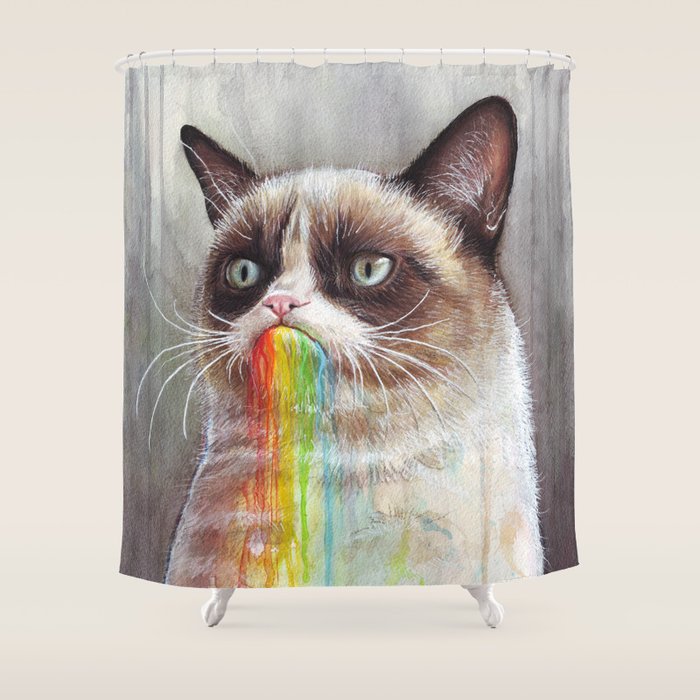 Cat Tastes the Grumpy Rainbow Shower Curtain by Olechka Society6