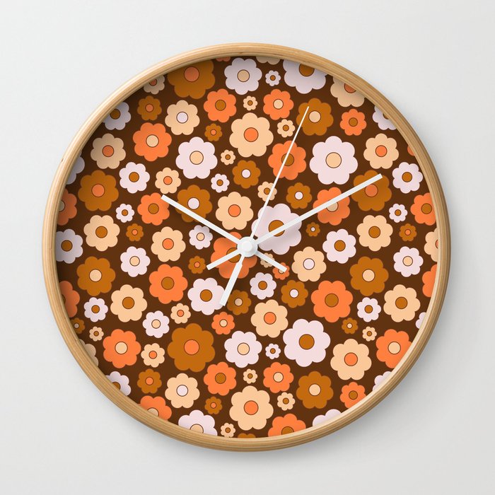 Vintage Retro Ditsy Flower Pattern-Brown Wall Clock