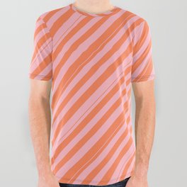 [ Thumbnail: Coral & Light Pink Colored Stripes/Lines Pattern All Over Graphic Tee ]