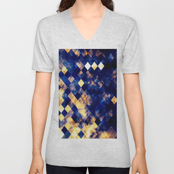 geometric pixel square pattern abstract background in blue brown V Neck T Shirt