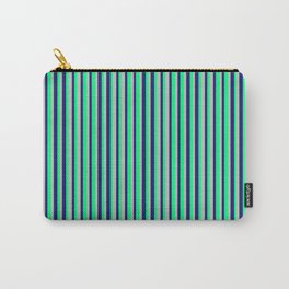 [ Thumbnail: Midnight Blue, Green, and Grey Colored Stripes/Lines Pattern Carry-All Pouch ]