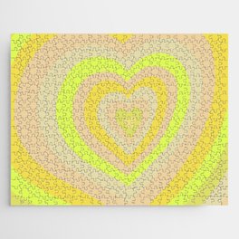 Retro Groovy Love Hearts - shades of beige and neon yellow Jigsaw Puzzle