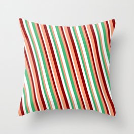 [ Thumbnail: Sea Green, White, Dark Red & Light Salmon Colored Lines/Stripes Pattern Throw Pillow ]