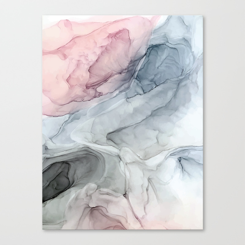 Pastel Blush Grey And Blue Ink Clouds Painting Canvas Print By