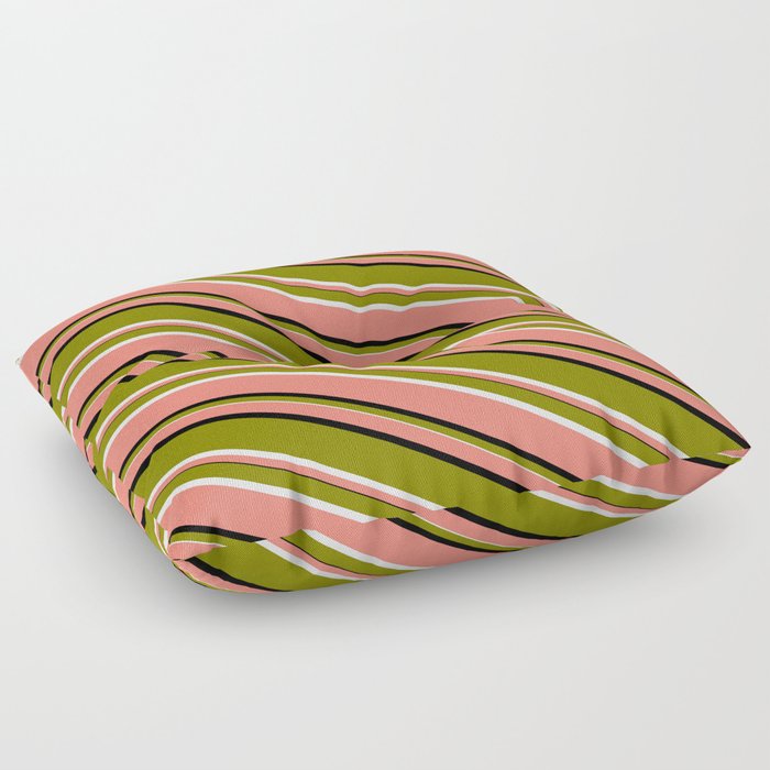 Salmon, Black, Green, and White Colored Lines Pattern Floor Pillow