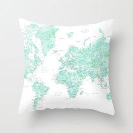 Light mint watercolor world map, detailed, "Desie" Throw Pillow