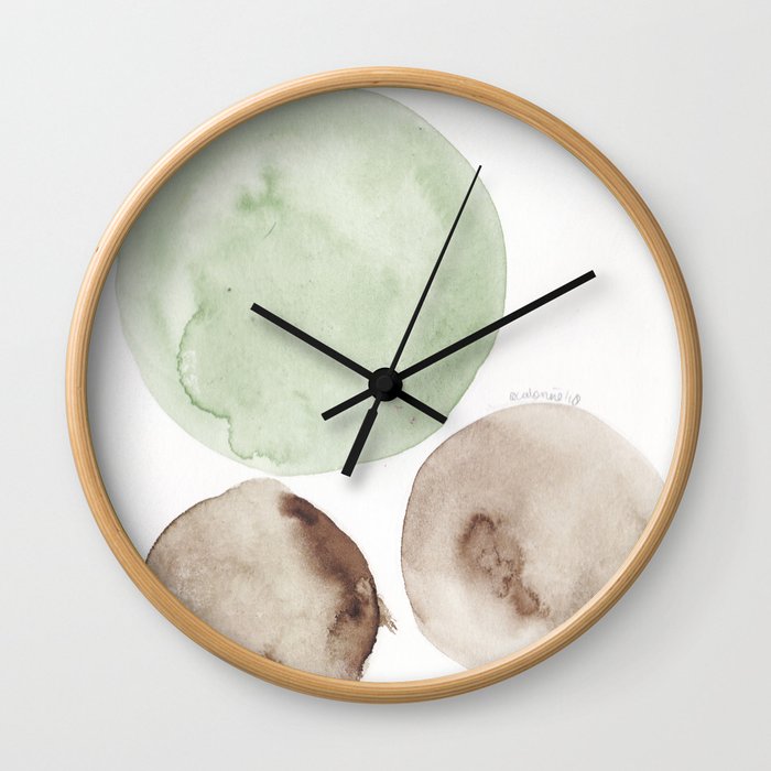 3 |181104 Australian Leaf Green & Brown Earth Orbs | Watercolour Circle Abstract Geometrical Wall Clock