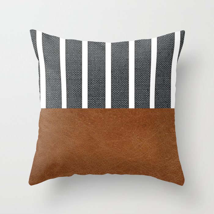 Scandinavian Modern Half Leather With Stripes Throw Pillow by All