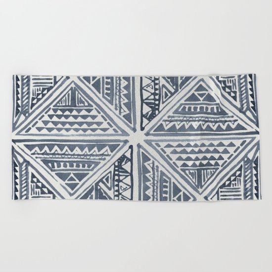 Simply Tribal Tile in Indigo Blue on Lunar Gray Beach Towel