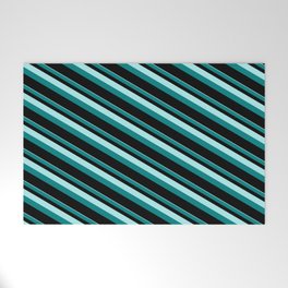 [ Thumbnail: Turquoise, Teal & Black Colored Pattern of Stripes Welcome Mat ]