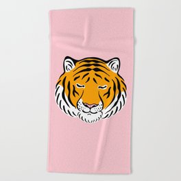 Content Tiger (Pink and Marigold) Beach Towel | Illucalliart, Wildlife, Wild Cat, Marigold, Calm, Panthera Tigris, Pink, Jungle Cat, Striped, Peaceful 