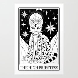 The High Priestess Tarot Card As a Cat Black and White Art Print
