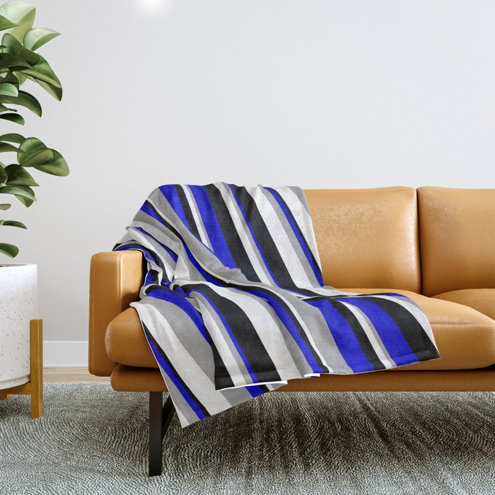 Blue, Dark Grey, White, and Black Colored Stripes/Lines Pattern Throw Blanket