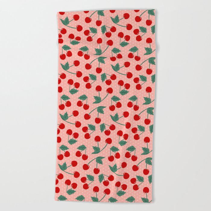 Cherry Kitsch on Pink Beach Towel