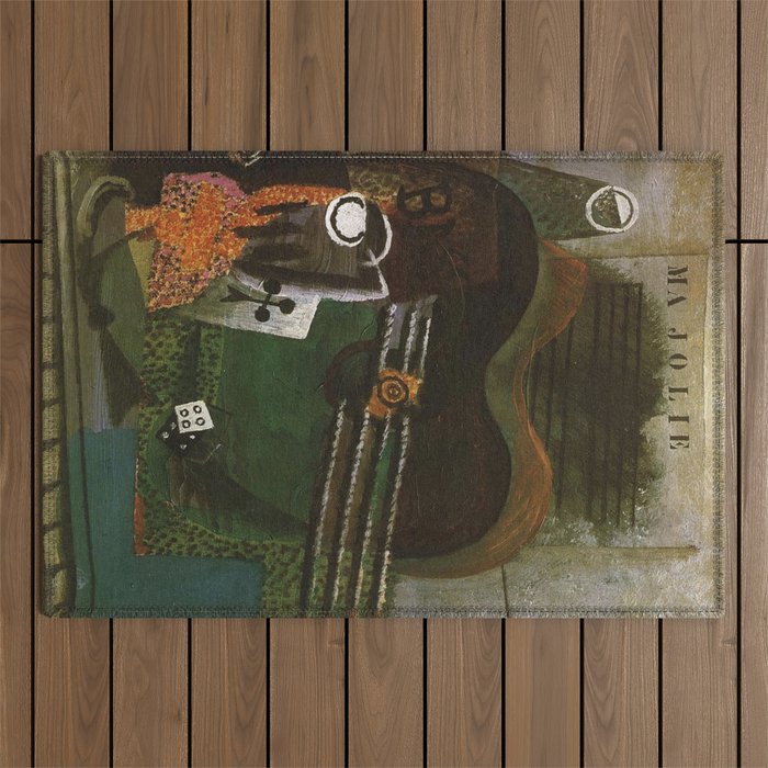 Pablo Picasso, Ma Jolie (pipe, verre, as de trèfle, bouteille de bass, guitare, dé), oil on canvas portrait painting for home, bedroom, and wall decor Outdoor Rug