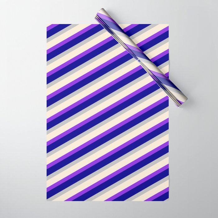 Beige, Purple, Dark Blue & Grey Colored Striped Pattern Wrapping Paper