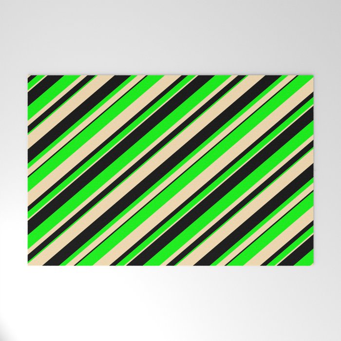 Beige, Black & Lime Colored Lined/Striped Pattern Welcome Mat