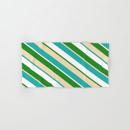 [ Thumbnail: Forest Green, Tan, Light Sea Green & White Colored Stripes/Lines Pattern Hand & Bath Towel ]
