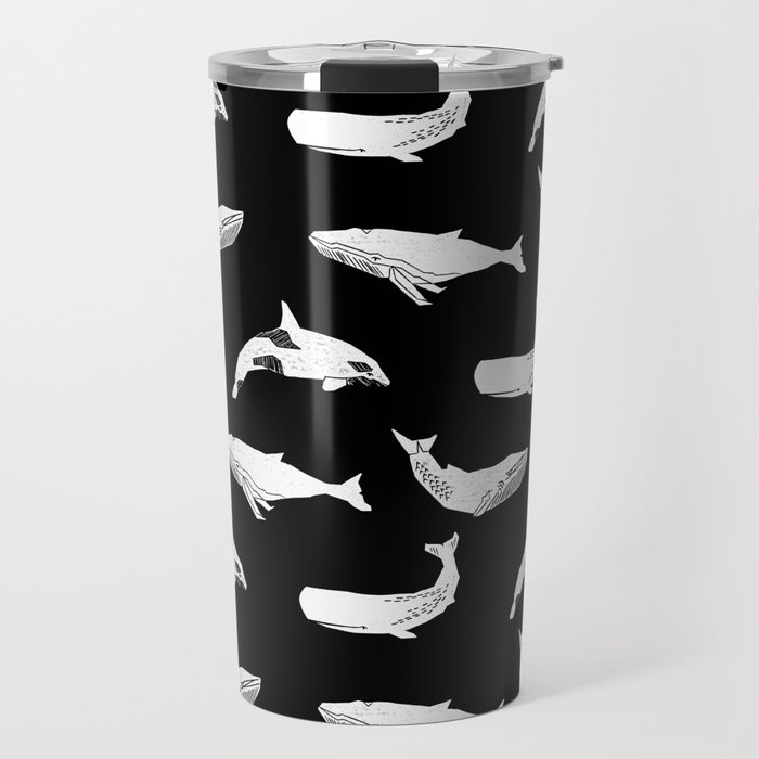 Whales Orcas Sperm Whale Species Ocean Pattern Art Linocut Nature Animals Travel Mug
