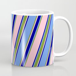 [ Thumbnail: Cornflower Blue, Green, Pink & Dark Blue Colored Striped/Lined Pattern Coffee Mug ]