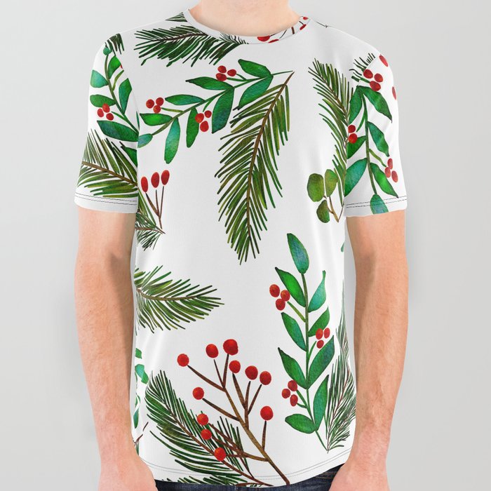 Christmas tree branches and berries pattern All Over Graphic Tee
