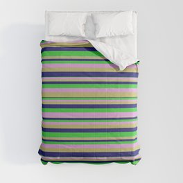 [ Thumbnail: Plum, Dark Khaki, Midnight Blue, and Lime Green Colored Lines/Stripes Pattern Comforter ]