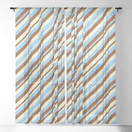 [ Thumbnail: Light Yellow, Light Sky Blue & Brown Colored Pattern of Stripes Sheer Curtain ]