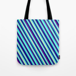 [ Thumbnail: Eye-catching Purple, Aqua, Tan, Dark Turquoise, and Dark Blue Colored Stripes/Lines Pattern Tote Bag ]