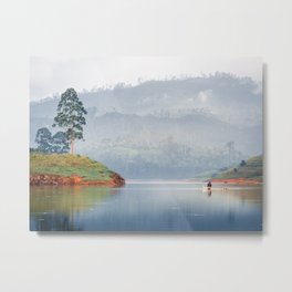 Fishermen Small Boat Calm Mountain Lake Reflection Sri Lanka Metal Print
