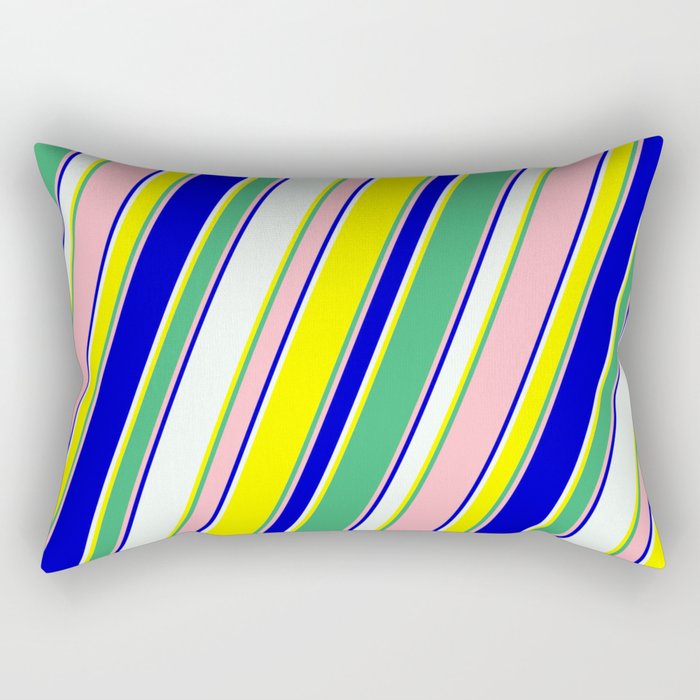Eyecatching Mint Cream, Yellow, Sea Green, Light Pink & Blue Colored Lines/Stripes Pattern Rectangular Pillow