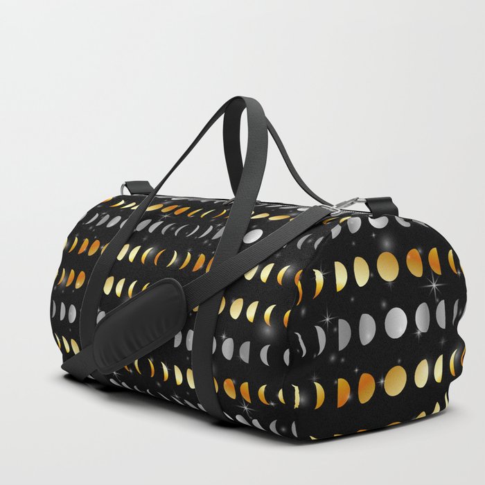 Celestial Moon phases and stars in silver and gold Duffle Bag