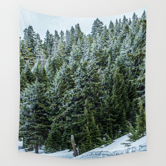 Snow Bank Woodlands // Photograph of the Dense Blue Green Evergreen Pine Tree Forest Wall Tapestry