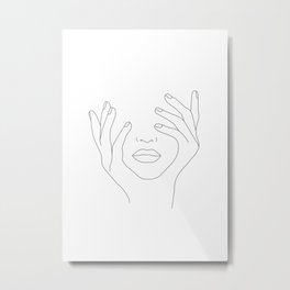Minimal Line Art Woman with Hands on Face Metal Print | Female, Model, Drawing, Minimalist, Girl, Modernart, Graphic Design, Fingers, Person, Digital 