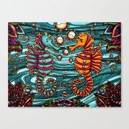 Sea horses couple painting, colorful ocean life Canvas Print