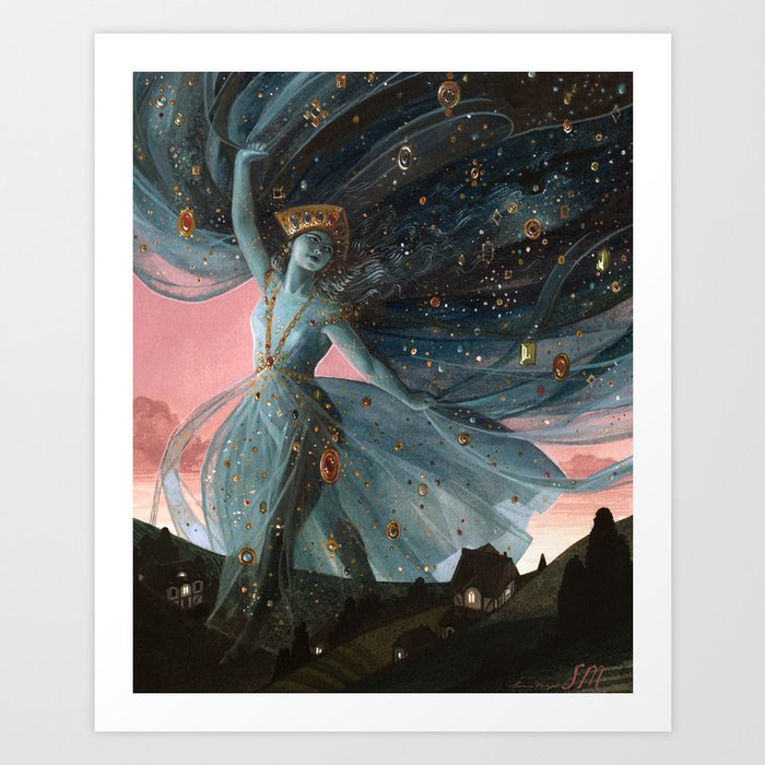 The Veil of Night Kunstdrucke | Gemälde, Aquarell, Fantasie, Sterne, Goddess, Acryla-gouache, Landscape, Nacht, Jewels, Jewellery