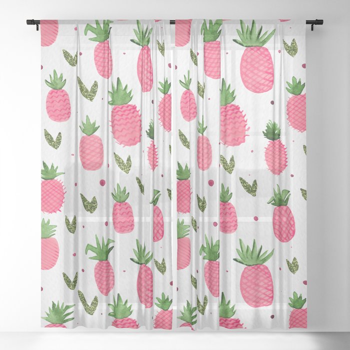 Watercolor pineapples - pink and green glitter Sheer Curtain