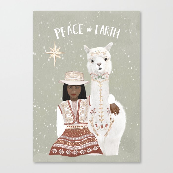 Folk llama Christmas card Canvas Print